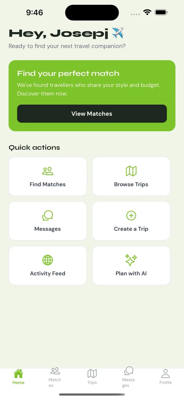 The TripMatch mobile app showing a personalised home screen with travel matches and quick actions